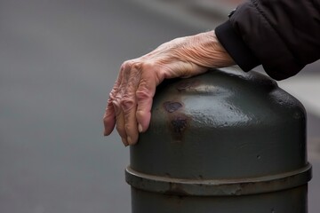 elderly person resting hand on bollard for support