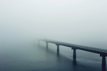 car crossing a long bridge disappearing into dense fog