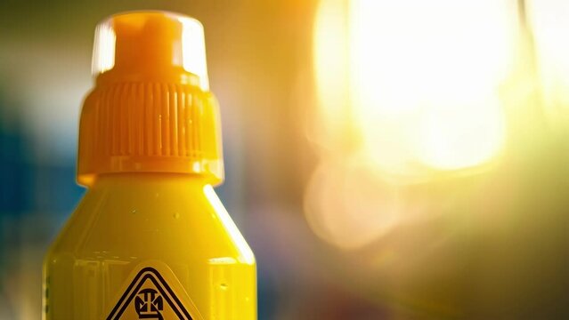 A photograph of a bright yellow safety sticker on a bottle of foundation signaling that the product has undergone rigorous testing to meet industry standards.
