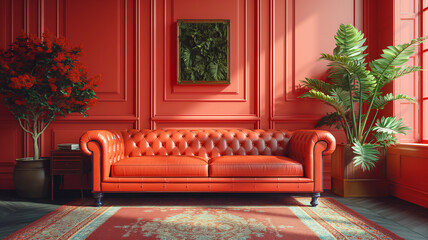 Luxurious red interior with a premium leather chesterfield sofa, vibrant plants, and a richly textured rug.