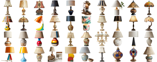 Big collection set of lamp in various styles retro vantage and modern bedside nightstand lighting different table lamp for interior decoration furniture element, isolated on transparent background