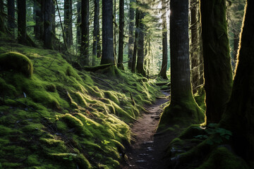 A rugged trail through a dense, ancient forest