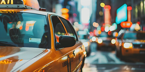 Taxi amarelo com luzes da cidade desfocadas ao fundo