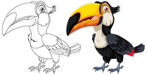 Fototapeta premium Outlined and colored toucan side by side.