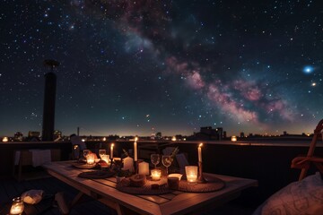 rooftop dinner with candles and view of stars above