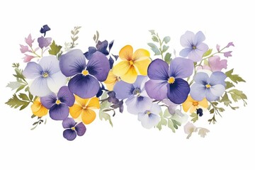 watercolor of pansy clipart in shades of purple, yellow, and white. flowers frame, botanical border for graphic resources, Template for spring card with garden flowers.