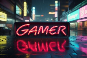 Slogan gamer neon light sign text effect on a rainy night street, horizontal composition	