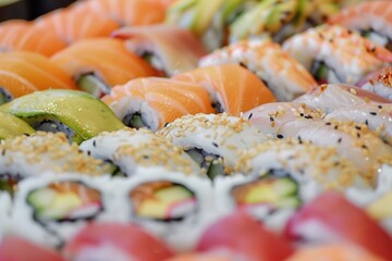 closeup of a sushi platter with a variety of colorful rolls