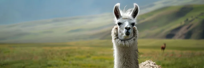 Cercles muraux Lama Image of a Charming White Llama Captured in its Exquisite Natural Habitat