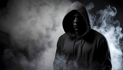Fototapeta na wymiar Man in Hood Dark figure on smoke background