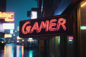 Slogan gamer neon light sign text effect on a rainy night street, horizontal composition	