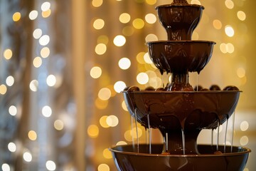 chocolate fountain with a backdrop of wedding lights - obrazy, fototapety, plakaty