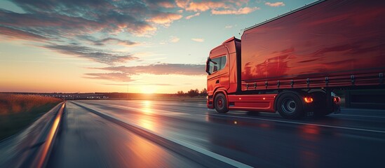 Truck Speeding on Interstate Road at Twilight with Stunning Sunset Sky