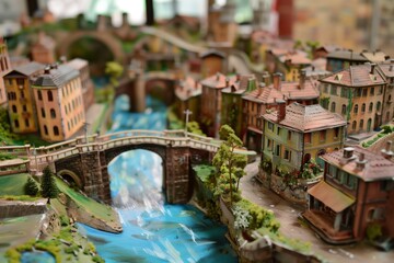 handpainted miniature city with a river and mini bridges
