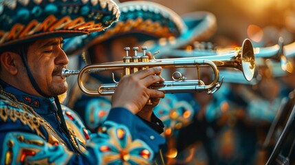 Mariachi Trumpeter in Embellished Suit Playing Soulfully at a Traditional Mexican Festival - obrazy, fototapety, plakaty