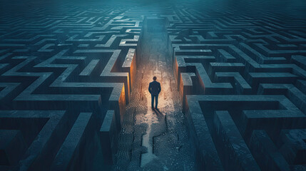 Businessman standing in the center of a maze, holding a key to success in the style of concept with copy space on a dark background - obrazy, fototapety, plakaty