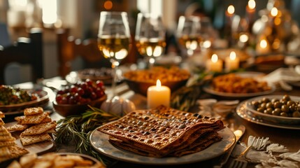 Fototapeta premium Warm and Inviting Passover Seder Table with Lit Candles and Matzah Display