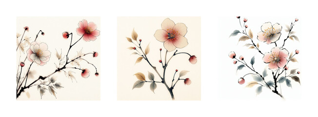 Triptych of delicate watercolor East Asian style floral illustrations, capturing the essence of spring. Painting on silk 