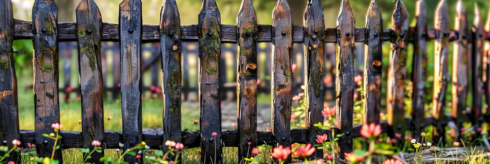 Decorative garden fence surrounded by lush plants and vibrant flowers, enhancing the beauty and privacy of outdoor spaces