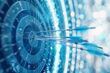 Illustration of Many blue targets and three arrows reaching the center of the first one, Business suscess concepts.