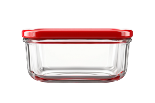 Glass Container With Red Lid. On a White or Clear Surface PNG Transparent Background..