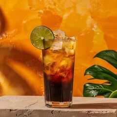 A studio image of a batanga cocktail with a mix of tequila, cola, and lime 