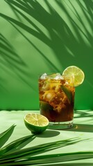 A studio image of with a green background of a batanga cocktail with a mix of tequila, cola, and lime 