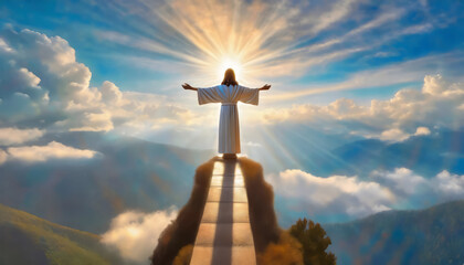 Jesus Christ with open arms reaching out in the sky, hand gestures of Jesus dying on the cross and resurrected, heaven and salvation, faith and love, easter concept - obrazy, fototapety, plakaty
