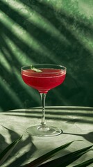 A studio image with a green background of a Cosmopolitan cocktail 