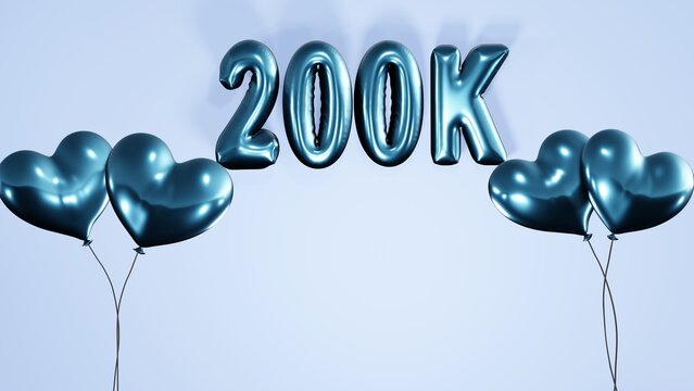 200k , 200000 followers, subscribers, likes celebration background with heart shaped helium air balloons and balloon texts on light blue background 8k illustration.
