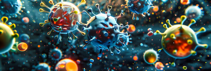 Detailed rendering of a virus, illustrating its complex structure and the threat it poses to human health, emphasizing the ongoing challenge of dealing with pandemics