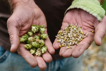 Fototapeta premium visitor holding hops and barley grains in hands