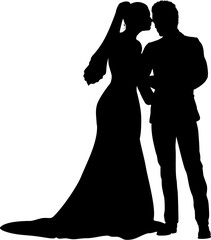 Bride and groom couple silhouettes. Woman in a bridal wedding dress