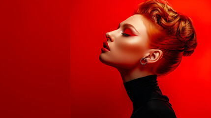 Beautiful woman with red hair and red makeup on red background, hairstyle, young adult, white ethnicity