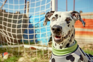 dalmatian in a soccer jersey with a goal net behind