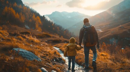 A father and child hiking together in the mountains.  - obrazy, fototapety, plakaty