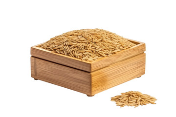 Wooden Box Filled With Rice Beside a Pile of Rice. On a White or Clear Surface PNG Transparent Background..
