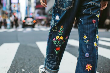 embroidered denim jeans with flowers on a person crossing street