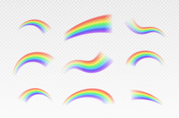 Bright realistic arch rainbows and round halo rainbow. Fantasy symbol of good luck. Natural arcuate phenomenon in the sky. Multicolor circular arc. The symbol of rain, sky, clear, nature.
