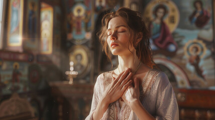 Woman praying in church , religion and redemption concepts - obrazy, fototapety, plakaty