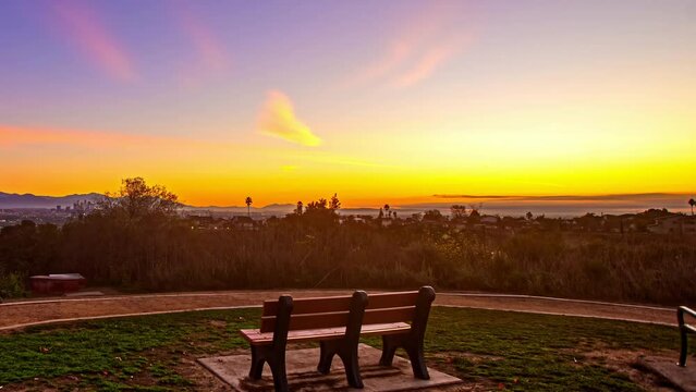 Time Lapse, Dawn and Sunrise Above Los Angeles USA, Kenneth Hahn View Point, Colorful Sky and Lights
