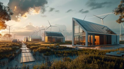 Fototapeta premium House Surrounded by Wind Turbines