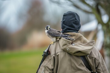 falconer walking with a falcon perched on their shoulder