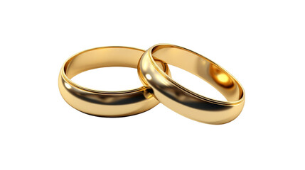 Two Gold Wedding Rings on White Background. On a White or Clear Surface PNG Transparent Background..