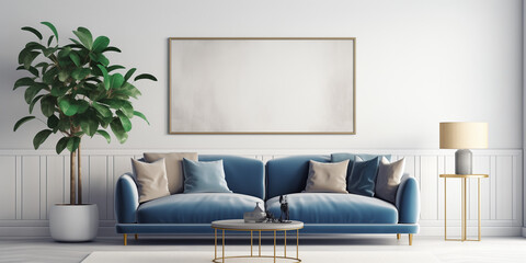 A contemporary living room featuring a deep blue velvet sofa, a minimalist coffee table design, a plush pouf in a light gray hue, gold-framed mock-up poster frames, a green plant, and a modern floor.