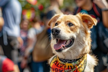 dog wearing a bandana with protest slogan amidst crowd - obrazy, fototapety, plakaty
