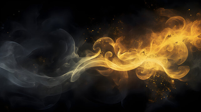 Abstract patterns of swirling yellow and gold smoke on a dark background with copy space