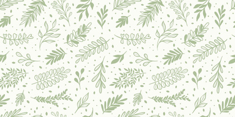 Leaf backgorund pattern green and white vector wallpaper with leaves, hand drawn