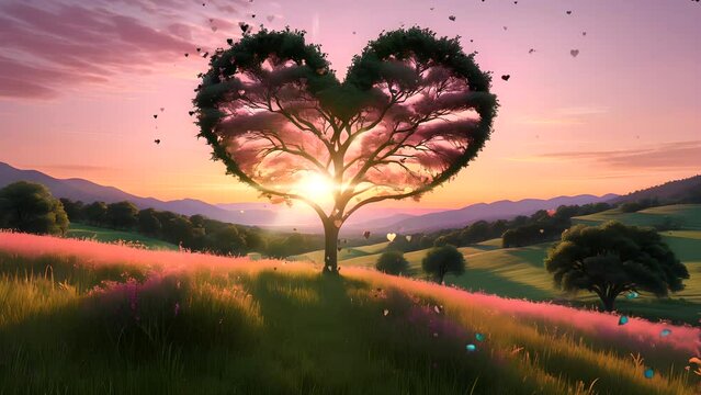 Tree of love in the meadow with butterflies at sunset