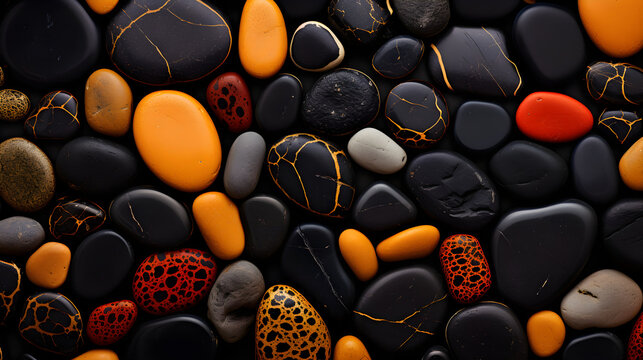 Top view, chic hypnotic background of orange, red and black pebbles with different patterns